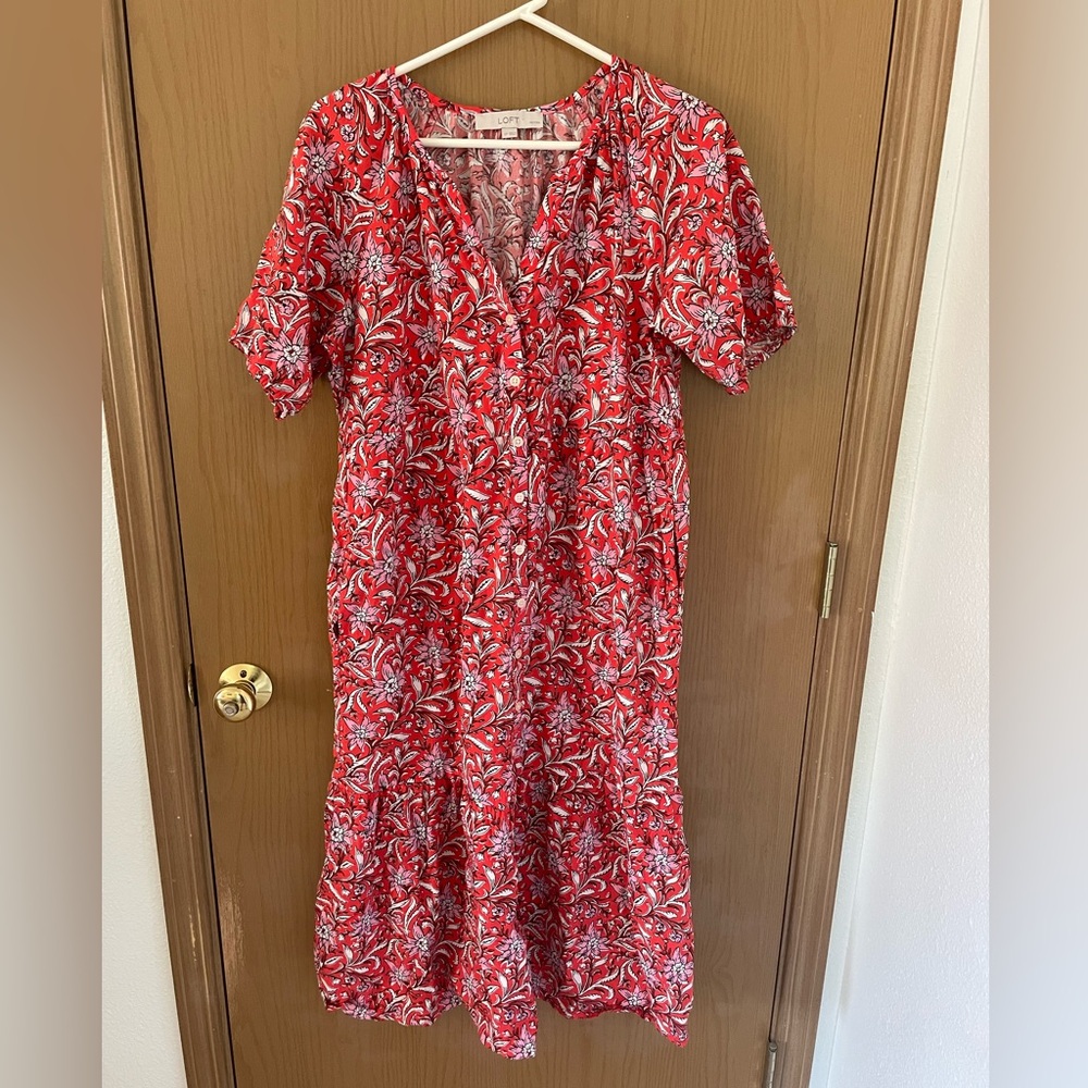 LOFT Large Maxi Midi dress coral and red floral Petite Large cotton summer sun
